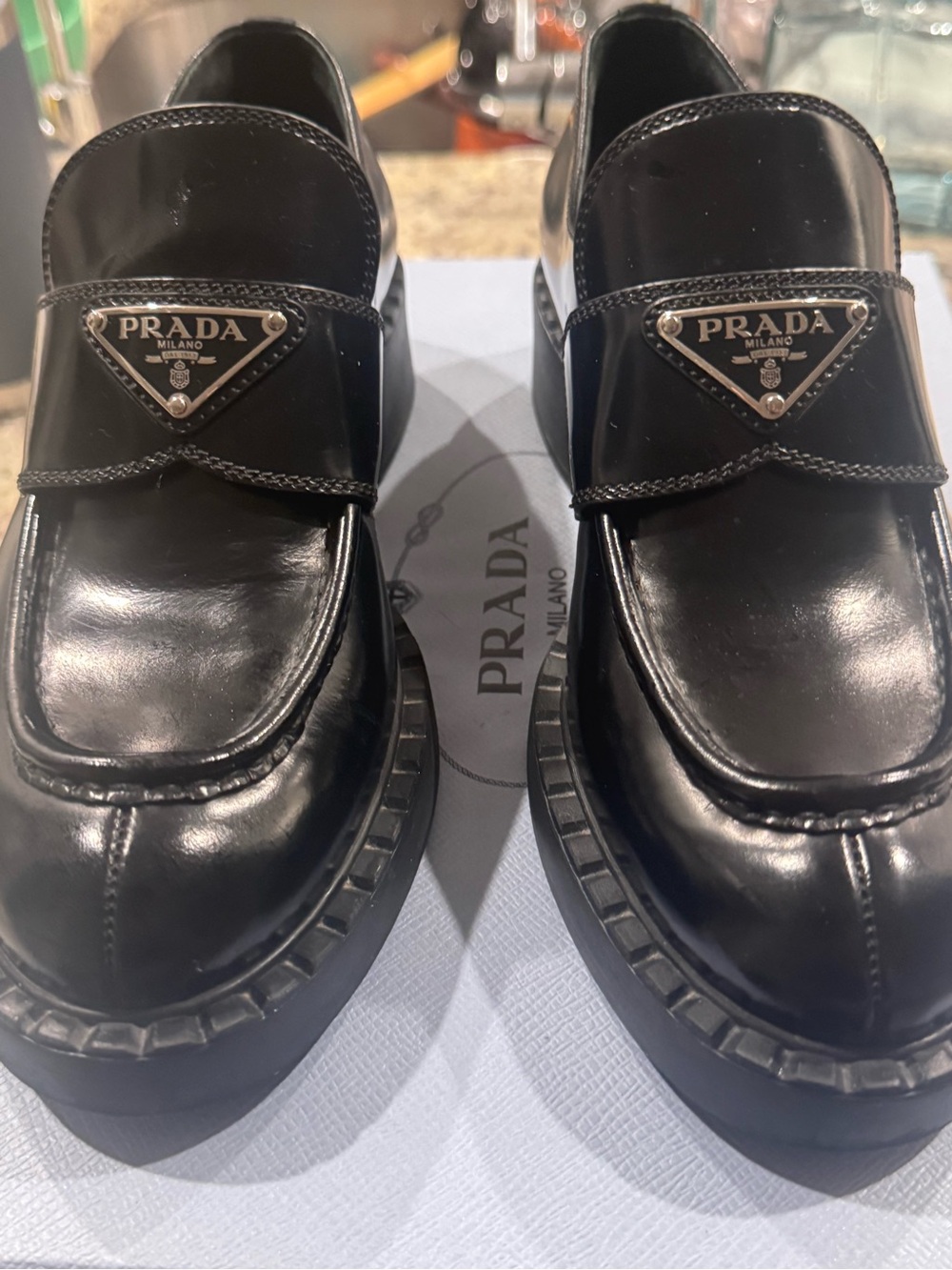 Prada Black Patent Leather Loafers with Logo Plaque